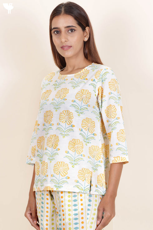 Slub Cotton Top In Floral Block Print